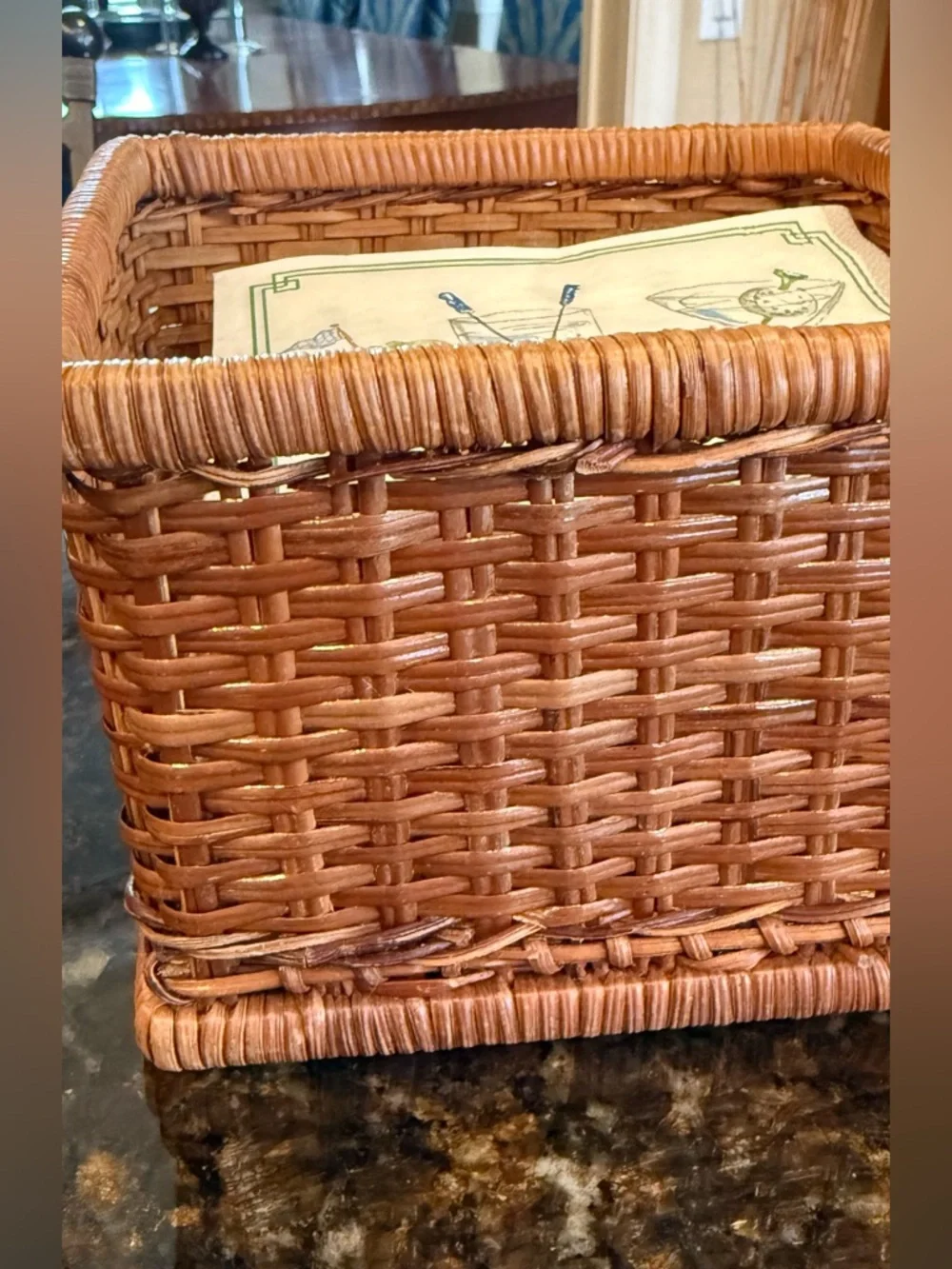 Vintage Woven Wicker Cocktail Napkin Holder - Mid Century Boho Square Basket